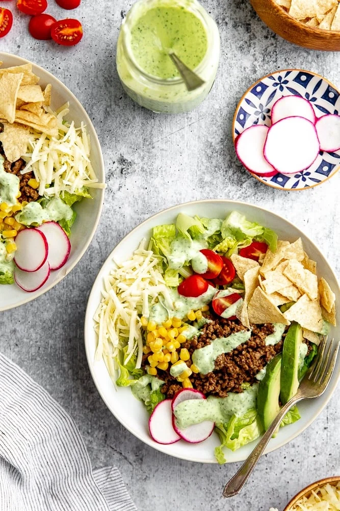 Healthy Taco Salad with Creamy Cilantro Lime Dressing by From Scratch Fast // FoodNouveau.com