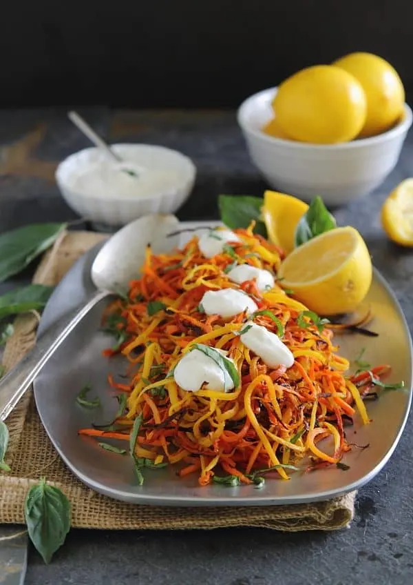 Meyer Lemon Roasted Carrot Strings with Lemon Garlic Sauce by Running to the Kitchen // FoodNouveau.com